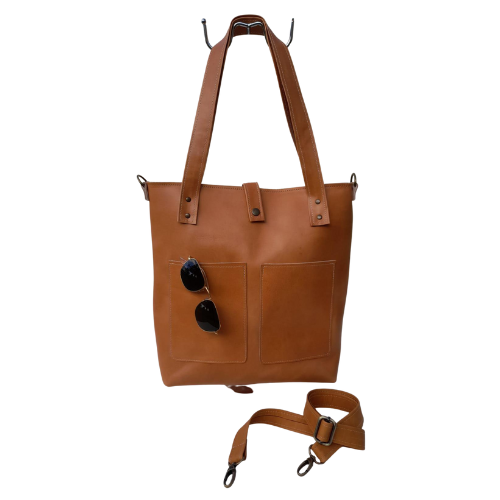 Cartera Tote Camel con Bolsillos Frontales