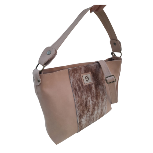 Cartera de cuero beige con detalle en piel gris